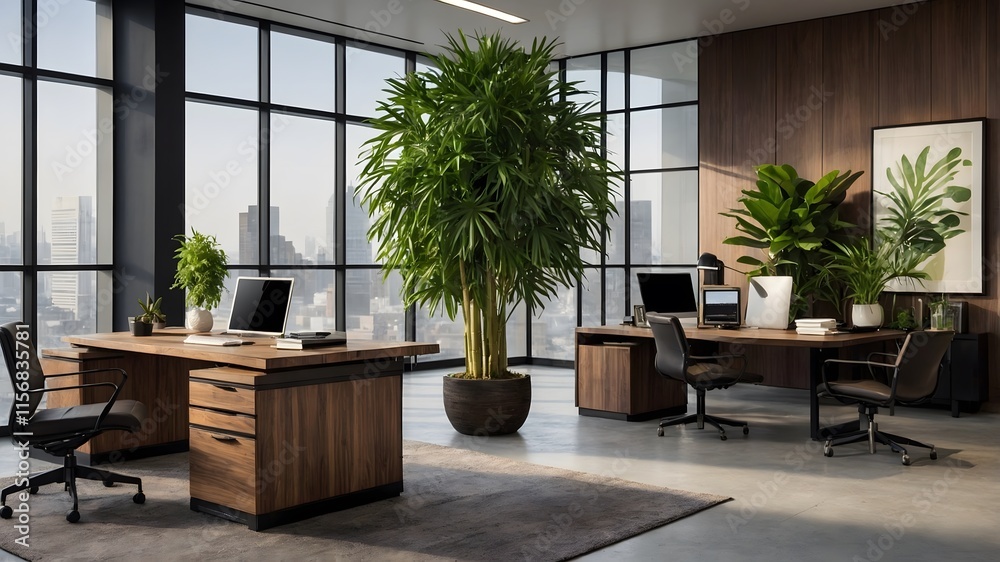 Fototapeta premium Modern Office Space with Broadleaf Lady Palm: Bringing Greenery to the Workspace