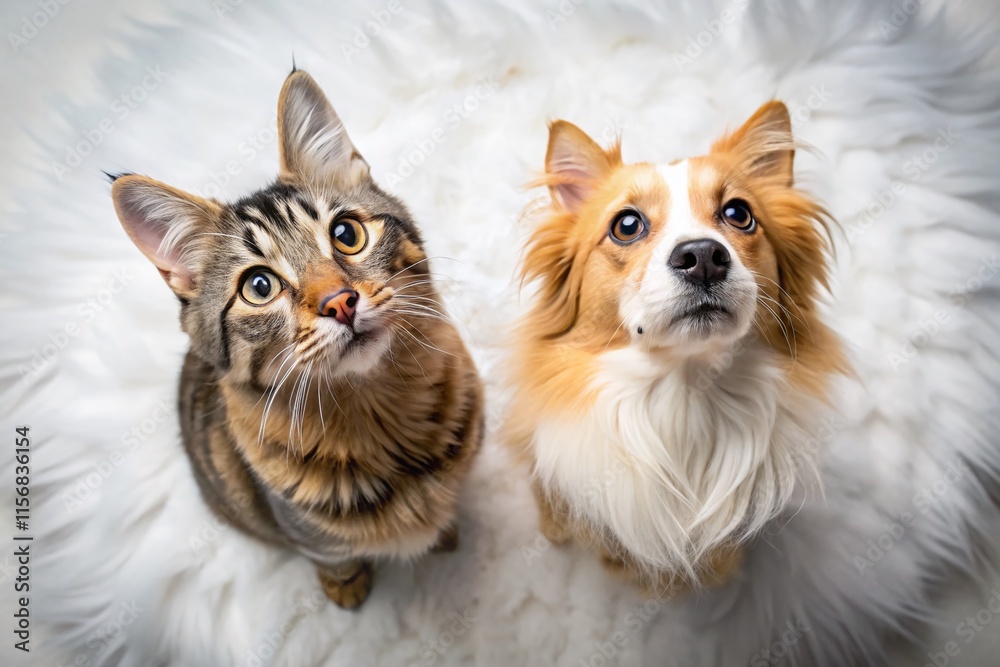 Adorable Dog and Cat Looking Upward:  High-Angle Drone Photography Stock Image