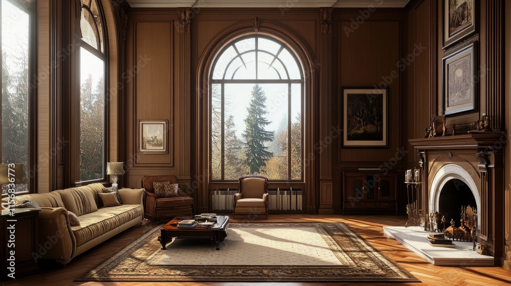 Fototapeta premium Classic living room design with a grand arched window, a fireplace, and vintage-inspired furnishings