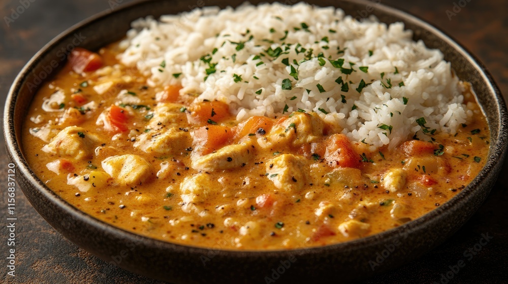 Chicken stew with rice in a dark bowl. Chicken stew with rice in a dark bowl.