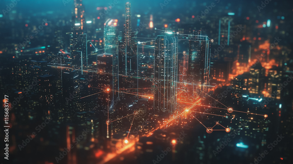 Smart digital Innovation city with connection network reciprocity over the cityscape. of future smart wireless city and social media networking systems that connects business people with in city Smart digital Innovation city with connection network reciprocity over the cityscape. of future smart wireless city and social media networking systems that connects business people with in city