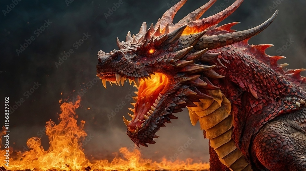 a massive red-scaled dragon with glowing fiery eyes, breathing flames in a dark, smoky environment, representing power, strength, and mythical legends a massive red-scaled dragon with glowing fiery eyes, breathing flames in a dark, smoky environment, representing power, strength, and mythical legends