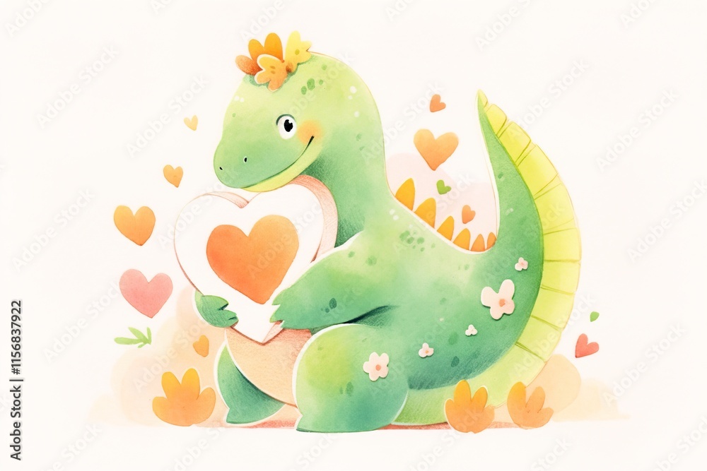 Obraz premium cute postcard cartoon green dinosaur hugging red heart