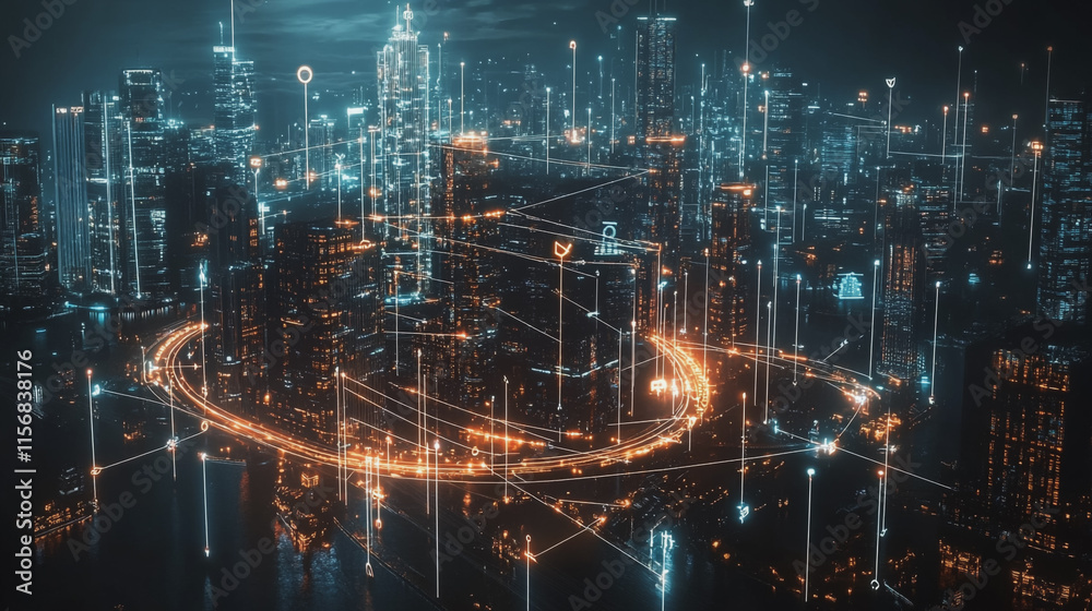Obraz premium Smart digital Innovation city with connection network reciprocity over the cityscape. of future smart wireless city and social media networking systems that connects business people with in city