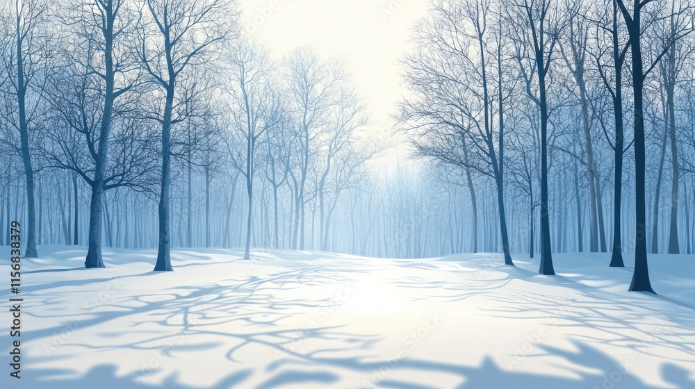 Obraz premium Sunlit winter forest path with snow and bare trees.