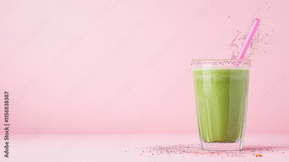 A refreshing green smoothie in a glass with a pink straw, surrounded by kiwi, peach, raspberry, mint, and a splash of green liquid on pastel A refreshing green smoothie in a glass with a pink straw, surrounded by kiwi, peach, raspberry, mint, and a splash of green liquid on pastel