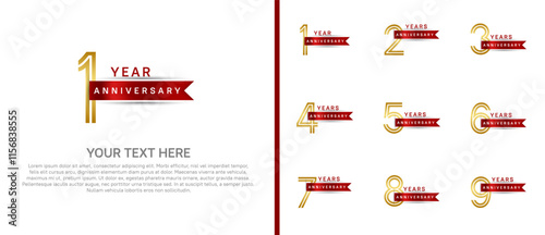 logo anniversary set. gold color with red ribbon on white background for special event