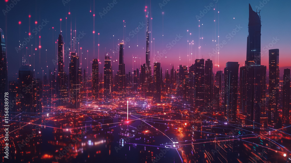 Obraz premium Smart digital Innovation city with connection network reciprocity over the cityscape. of future smart wireless city and social media networking systems that connects business people with in city