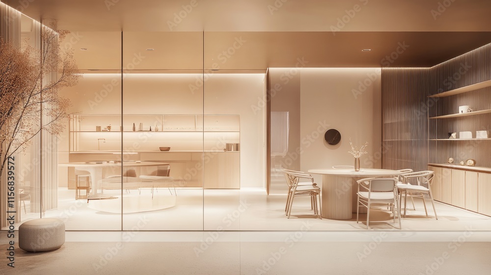 Minimalist open-concept office with neutral tones, ergonomic chairs, and expansive glass walls Minimalist open-concept office with neutral tones, ergonomic chairs, and expansive glass walls