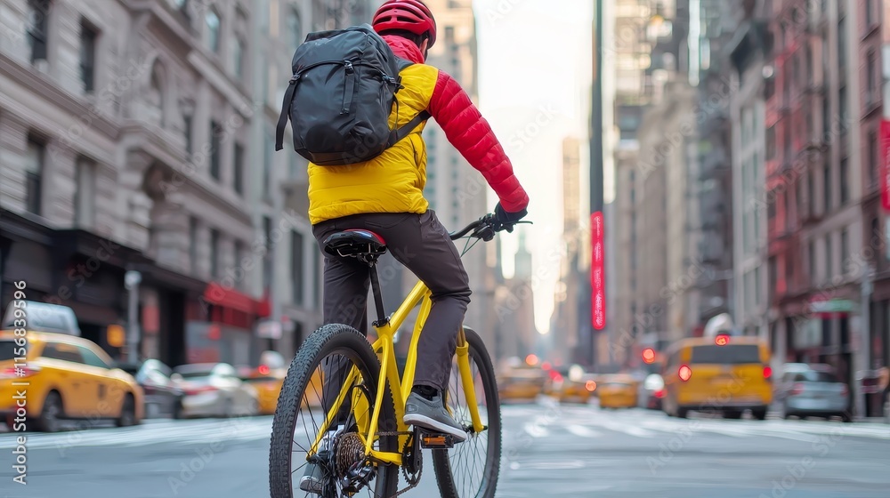 Fototapeta premium A cyclist delivering goods is navigating urban streets with a focus on sustainability.