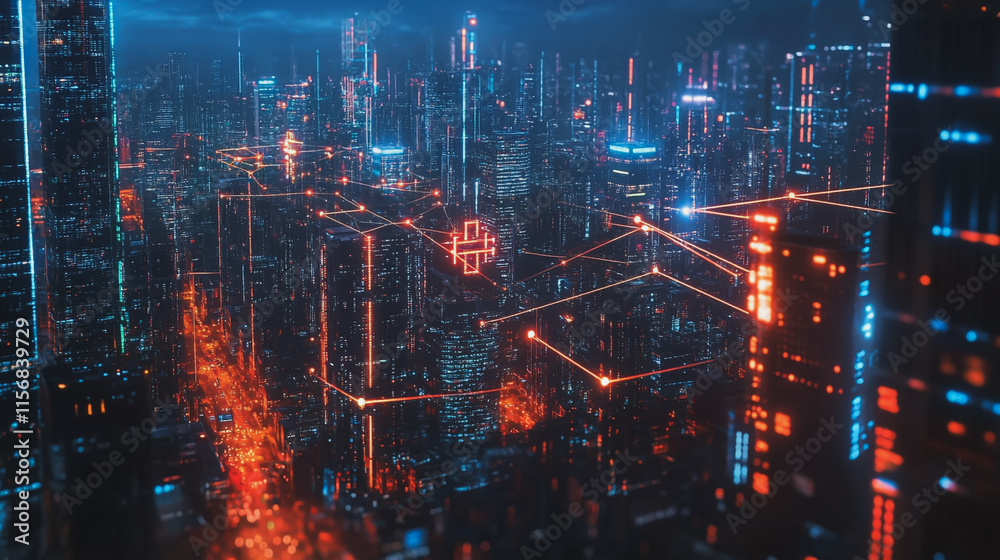 Fototapeta premium Smart digital Innovation city with connection network reciprocity over the cityscape. of future smart wireless city and social media networking systems that connects business people with in city