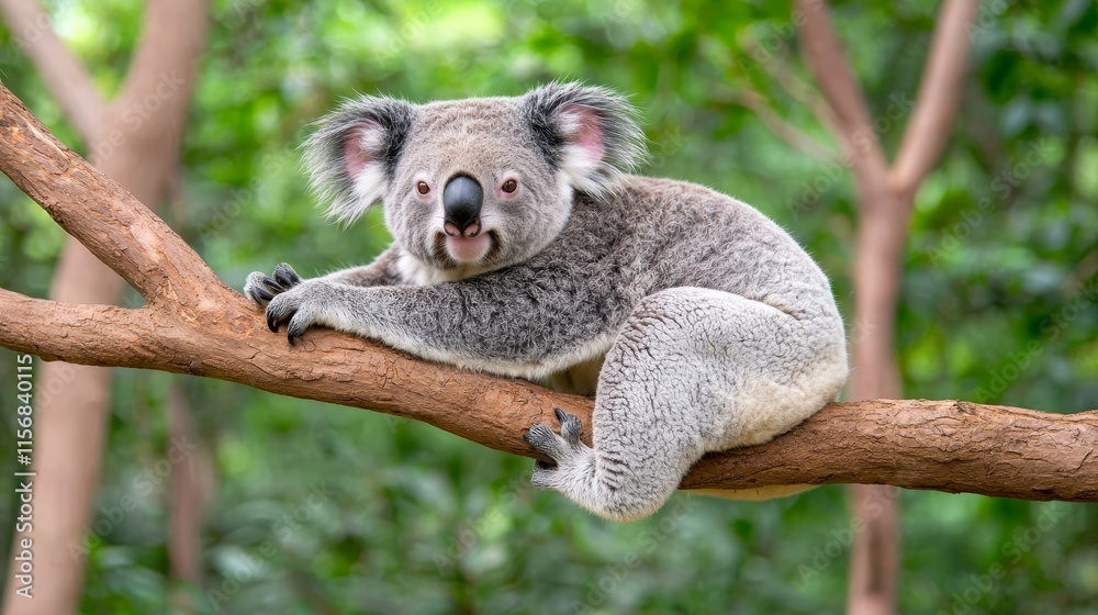 Fototapeta premium A charming koala bear perches on a tree branch, its tongue playfully out.