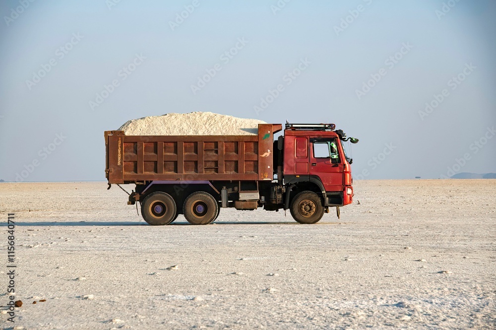 Obraz premium truck driving through the Assale salt lake in the Ethiopian Danakil depression at the Afar region