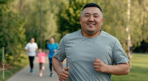 Asian middle-aged man jogging in park with family in the background