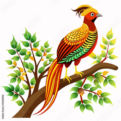 Golden Pheasant on green tree branch on white background