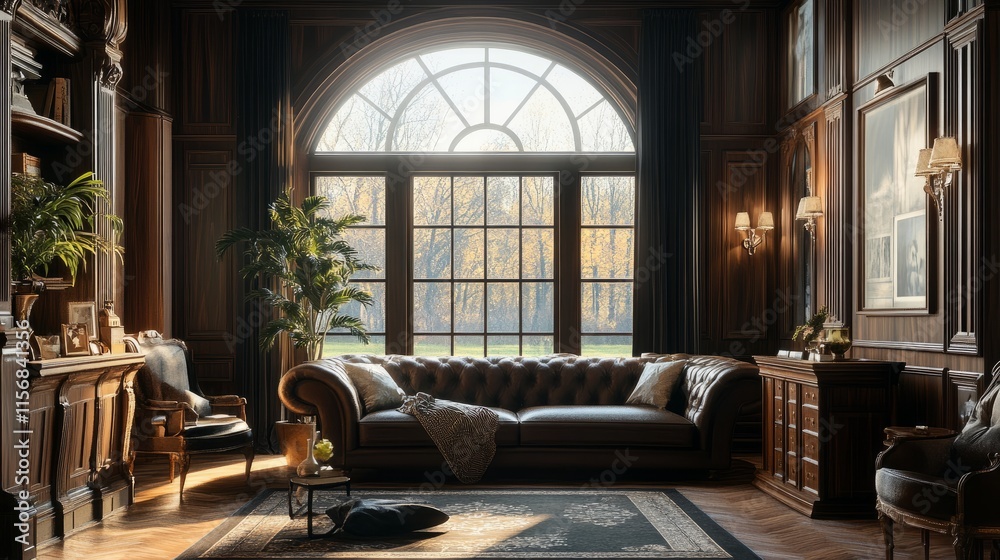 Fototapeta premium Sophisticated living room featuring dark wood accents, rich fabrics, and an elegant arched window