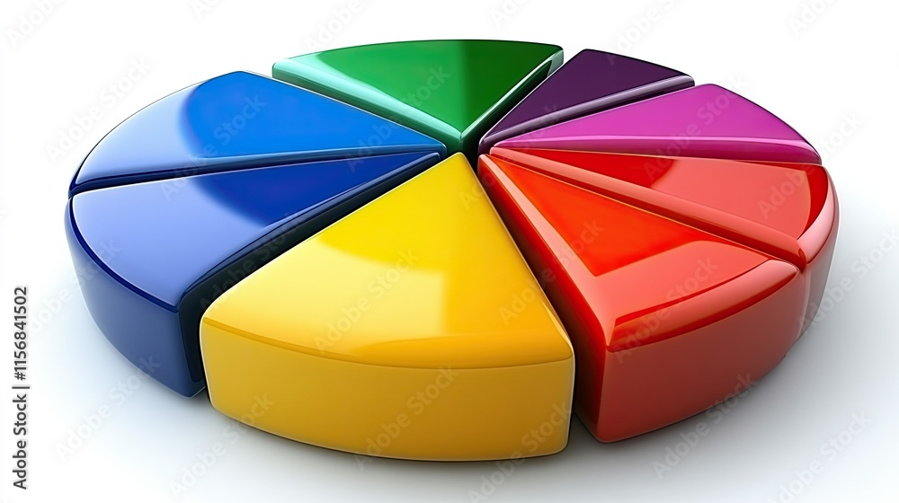 Obraz premium Colorful 3D pie chart graphic showing data segments.