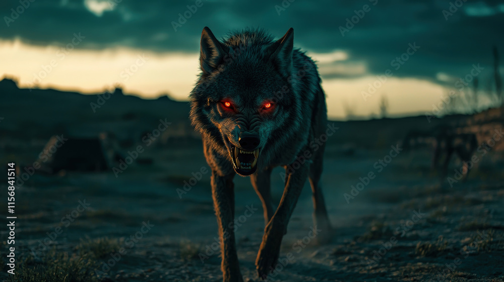 Obraz premium Terrifying wolf with glowing red eyes and sharp fangs roams a desolate landscape at dusk. Dark, ominous.