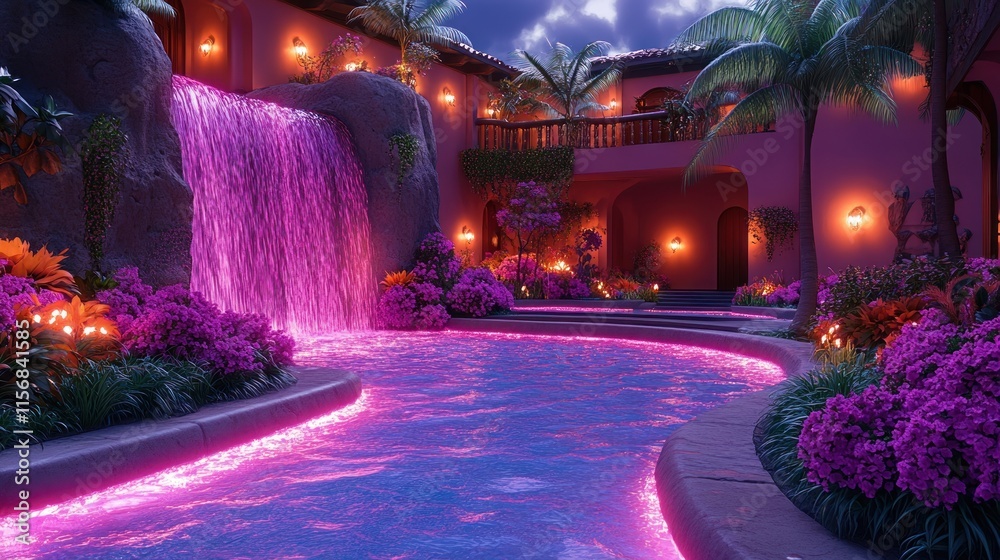 A serene courtyard with a glowing waterfall and vibrant flowers, creating a tranquil ambiance.