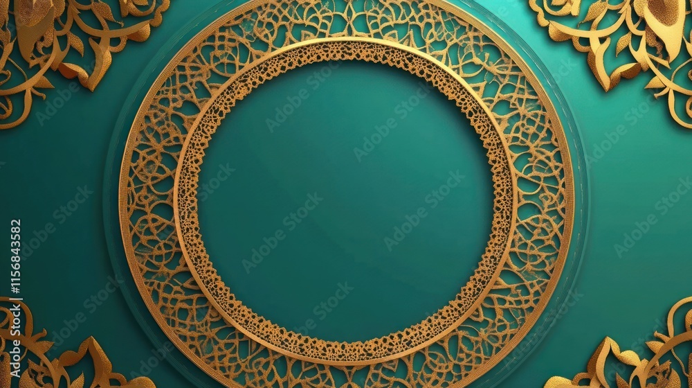 Elegant Golden Circular Ornament on Teal Background Elegant Golden Circular Ornament on Teal Background