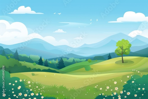A Peaceful Green Valley Landscape with Mountains in the Distance