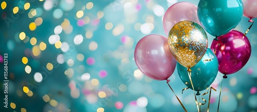 Vibrant balloons and streamers on a colorful gradient backdrop. birthday or festive decorations
