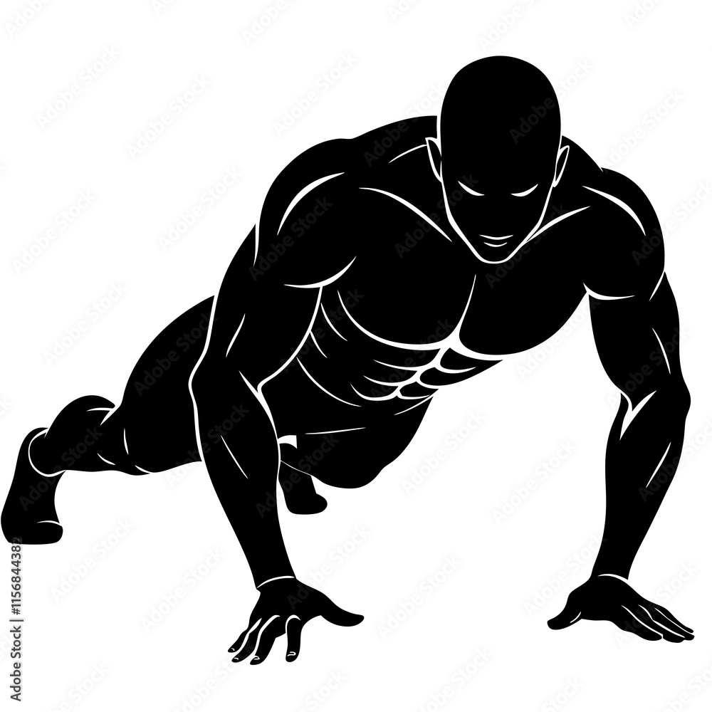 Fototapeta premium Bodybuilder performing a push-up on the ground vector silhouette on a white background