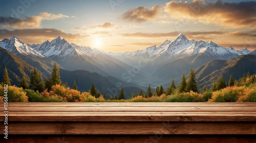 Empty Wooden Board Table with a Mountain Background for a Scenic and Natural Setting