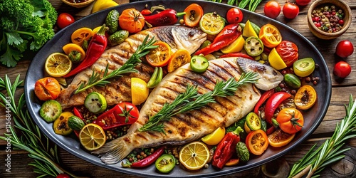 Wallpaper Mural Aerial View: Grilled Tilapia Appetizer with Roasted Vegetables Torontodigital.ca