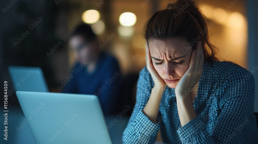 Burnout Concept Stressed woman working late on a laptop, showing signs of frustration in a dimly lit room. Burnout Concept Stressed woman working late on a laptop, showing signs of frustration in a dimly lit room.