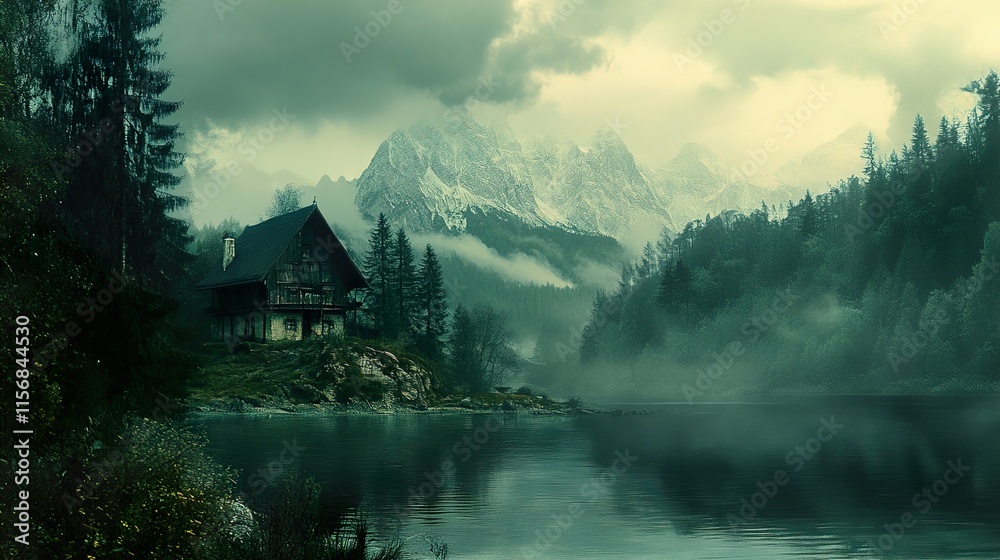 Fototapeta premium Misty Mountain Lake Cabin: A Serene Landscape