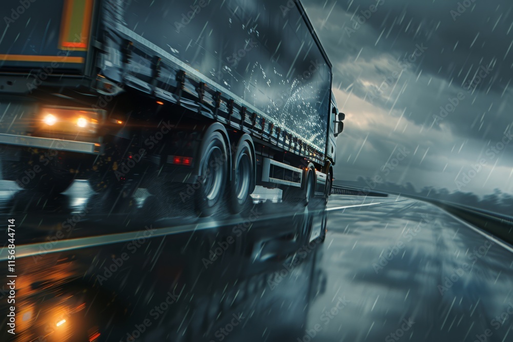 Fototapeta premium Nighttime Driving on Rainy Highway with Lorry