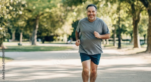 Smiling middle-aged hispanic man jogging in park on a sunny day for health and fitness
