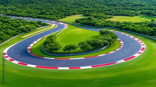 A top-down view of an empty race track, emphasizing its sharp corners and long straights, with clear skies and plenty of copy space along the track.
