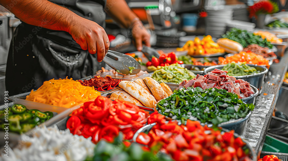 Obraz premium Chef preparing ingredients for making mexican tortas in a bustling kitchen