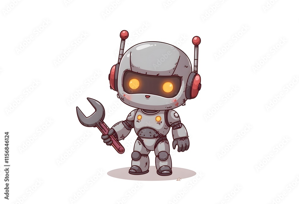 Cute Grey Robot Holding Wrench Cartoon Illustration Cute Grey Robot Holding Wrench Cartoon Illustration