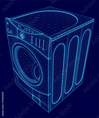 Blue image of a washing machine. The image is in a 3D format and is very detailed
