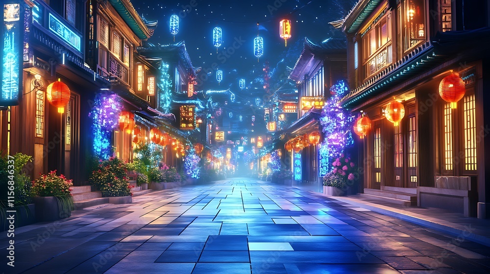 Fototapeta premium Vibrant Night Scene: Luminous 3D Render of a Festive Asian Street. AI Generated