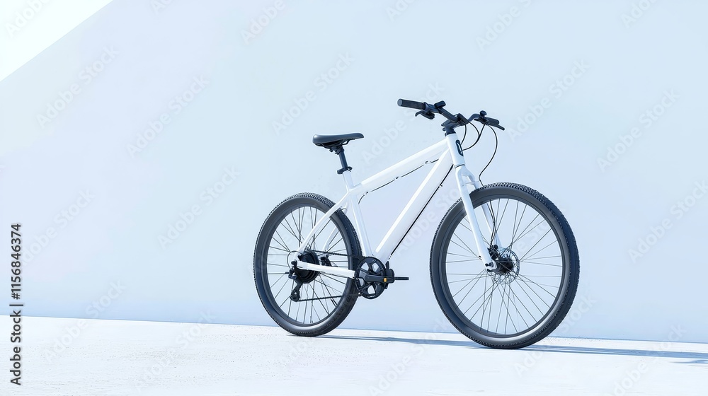 Naklejka premium In a minimalist urban setting with a cobblestone street, a modern electric bicycle with a sleek silver frame and black accents leans against a pure white wall, creating a clean and industrial-chic