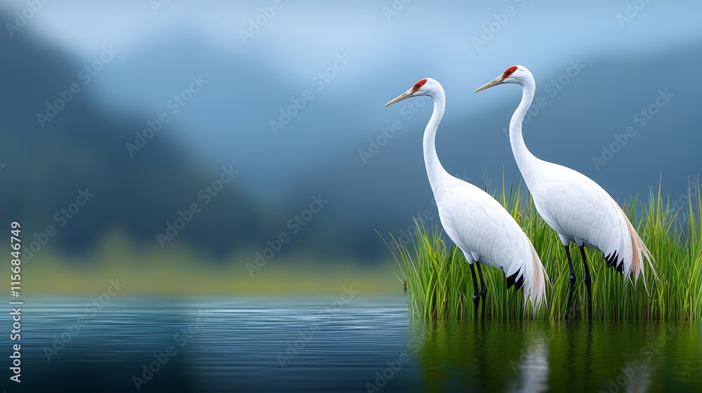 Obraz premium A depiction of two white cranes in a peaceful wetland, featuring blue skies and verdant greenery, perfect for nature-themed projects and conservation awareness.