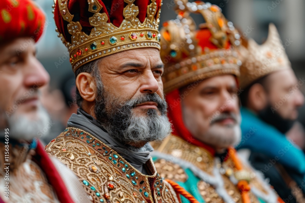 Fototapeta premium Three Kings Day.Portrait of a smiling participant in regal attire and ornate crown during a Three Kings Day celebration.