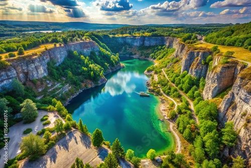 Aerial View of Abandoned Velka Amerika Limestone Quarry, Morina, Czech Republic - Turquoise Water, Lush Green Surroundings photo