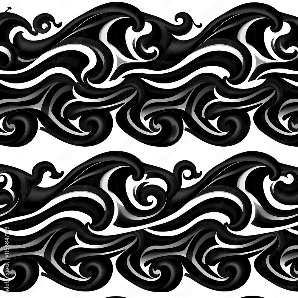 Seamless Black and White Waves Pattern:  An abstract design of undulating waves in black and white, creating a hypnotic and captivating pattern. Perfect for backgrounds, wallpapers.