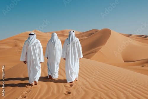 Three Kings Day.Three individuals dressed in traditional robes stand on golden desert dunes, their backs turned, facing the vast expanse under a clear blue sky. photo