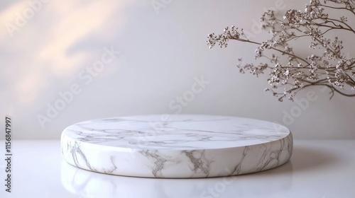 Elegant Marble Display Stand with Delicate Dried Flowers on Minimalist White Background for Modern Interior Design and Product Photography