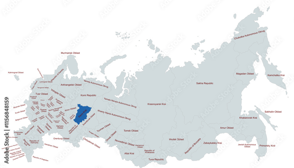 Fototapeta premium Geographical Map Highlighting perm krai Region in Russia