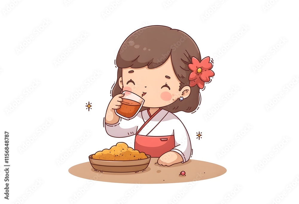 Cute Girl Enjoying Tea and Sweet Treats Simple Cartoon Illustration Cute Girl Enjoying Tea and Sweet Treats Simple Cartoon Illustration