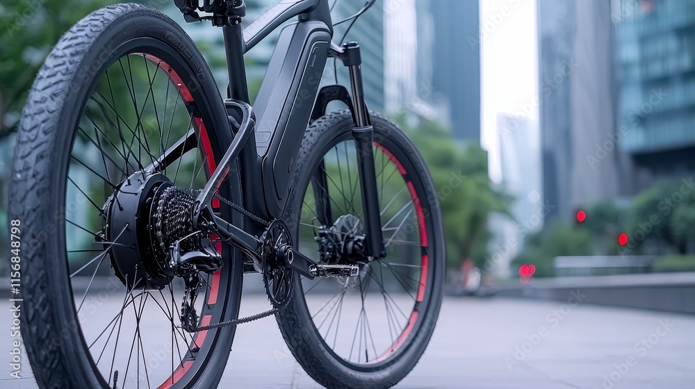 A modern bicycle is parked on a city street, set against the modern architecture and the midday sun, accentuating the concept of urban mobility. A modern bicycle is parked on a city street, set against the modern architecture and the midday sun, accentuating the concept of urban mobility.