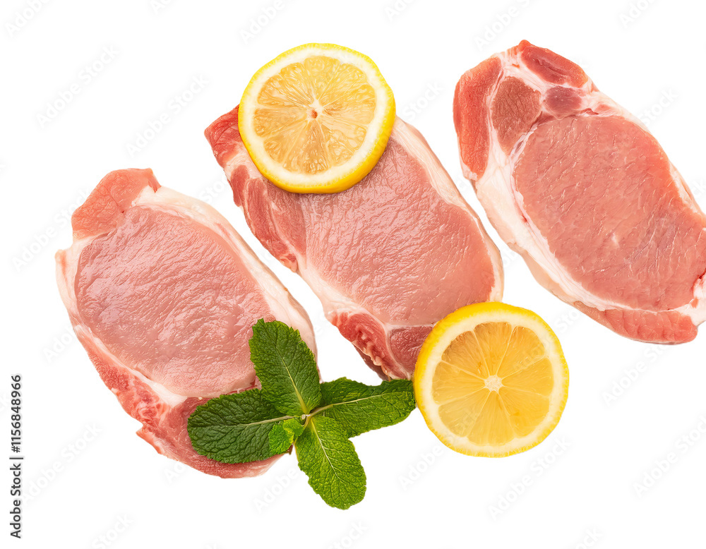 Fresh pork steaks with lemon and mint on transparent background Fresh pork steaks with lemon and mint on transparent background