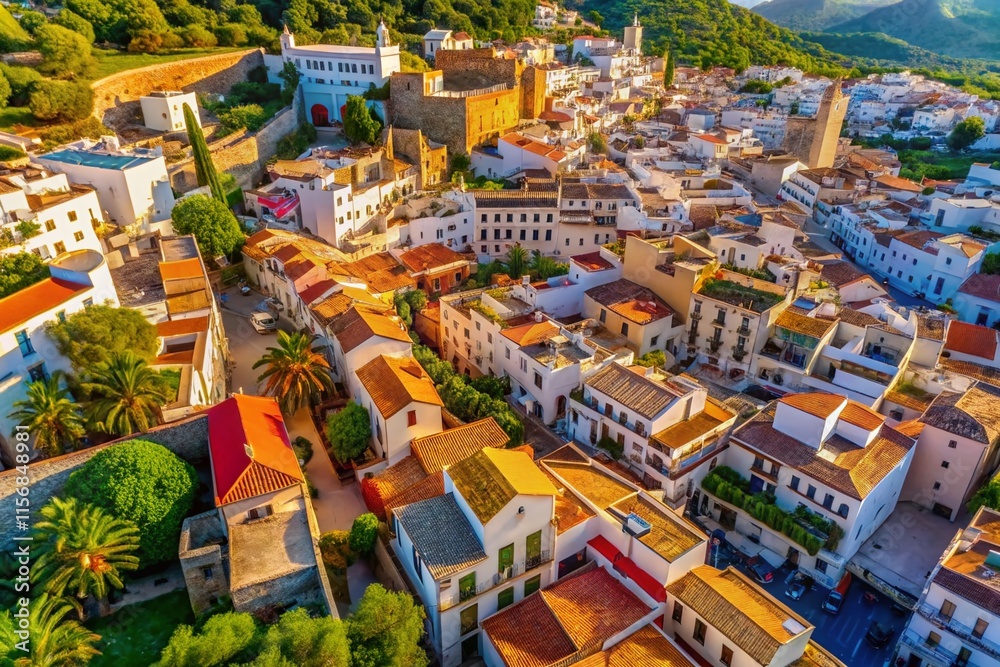 Obraz premium Aerial View of Ibiza Old Town Streets, Spain: Charming Whitewashed Buildings & Cobblestone Lanes